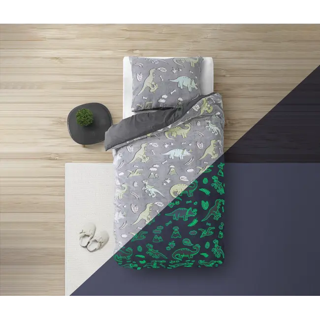 Teddy Fleece kinderdekbedovertrek - Glow in the dark - Dinosaurs - Grijs - 140x220 + 60x70 cm