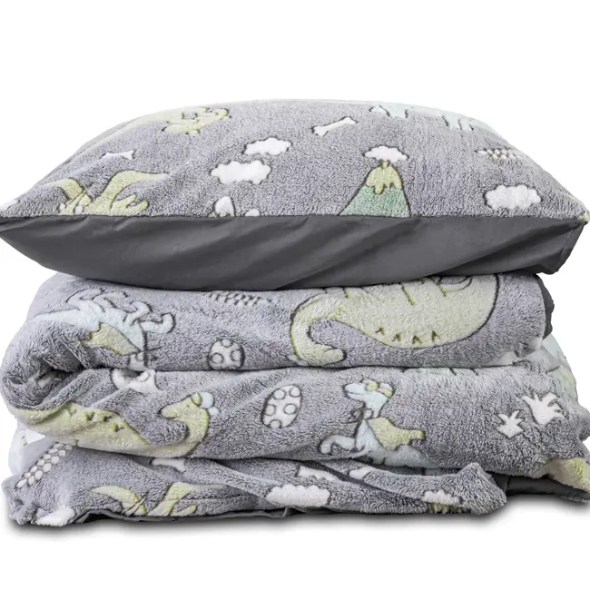 Teddy Fleece kinderdekbedovertrek - Glow in the dark - Dinosaurs - Grijs - 140x220 + 60x70 cm