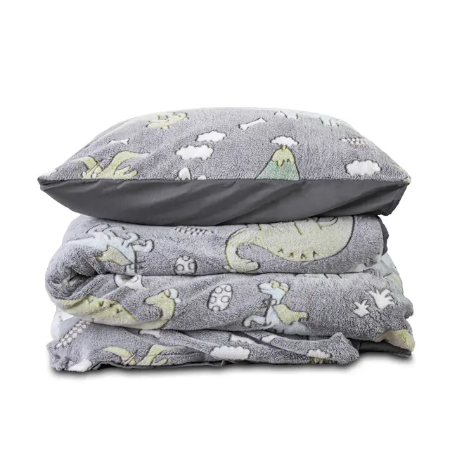 Teddy Fleece kinderdekbedovertrek - Glow in the dark - Dinosaurs - Grijs - 140x220 + 60x70 cm