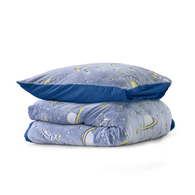 Teddy Fleece kinderdekbedovertrek - Glow in the dark - Space - Blauw - 140x220 + 60x70 cm