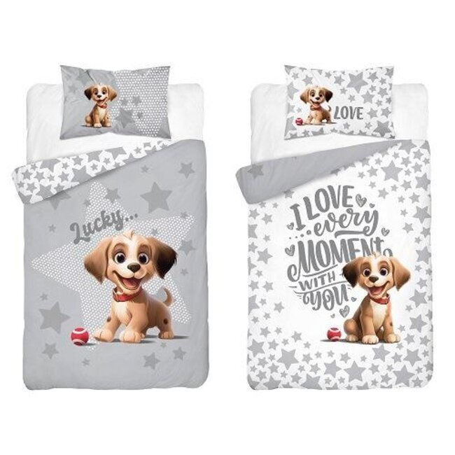Ledikant dekbedovertrek Hondje Lucky - grijs - bamboe/katoen - 100x135 + 40x60 cm