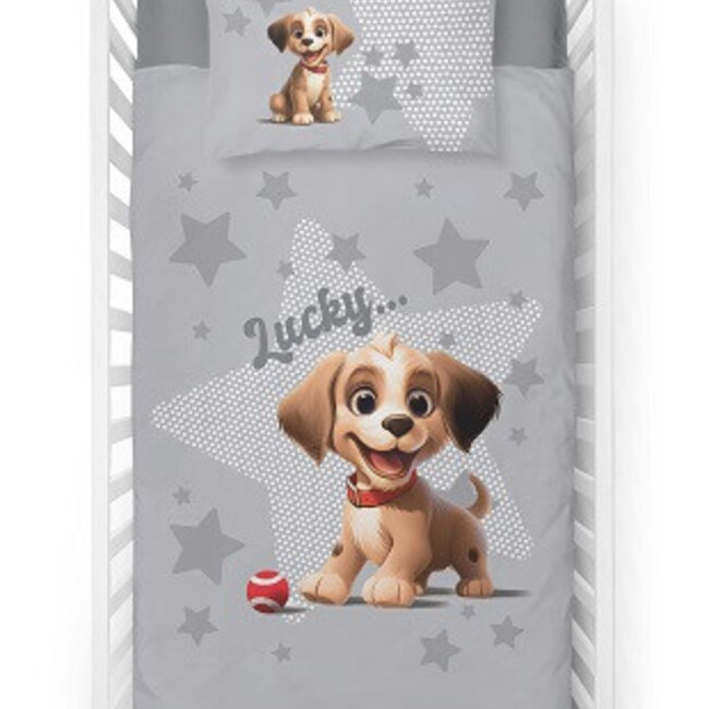 Ledikant dekbedovertrek Hondje Lucky - grijs - bamboe/katoen - 100x135 + 40x60 cm