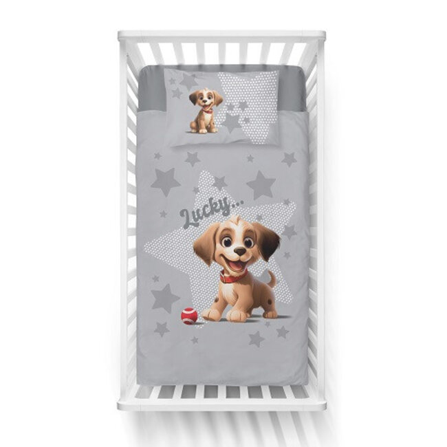 Ledikant dekbedovertrek Hondje Lucky - grijs - bamboe/katoen - 100x135 + 40x60 cm