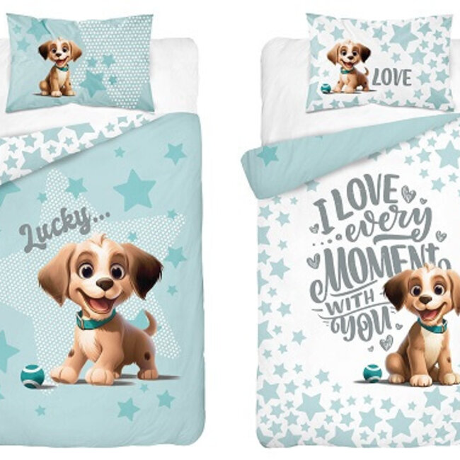 Ledikant dekbedovertrek Hondje Lucky - blauw - bamboe/katoen - 100x135 + 40x60 cm