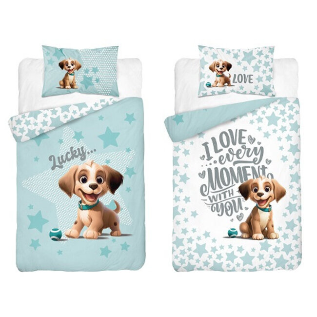 Ledikant dekbedovertrek Hondje Lucky - blauw - bamboe/katoen - 100x135 + 40x60 cm