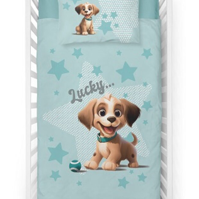 Ledikant dekbedovertrek Hondje Lucky - blauw - bamboe/katoen - 100x135 + 40x60 cm