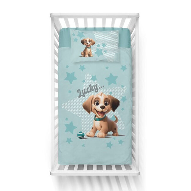 Ledikant dekbedovertrek Hondje Lucky - blauw - bamboe/katoen - 100x135 + 40x60 cm