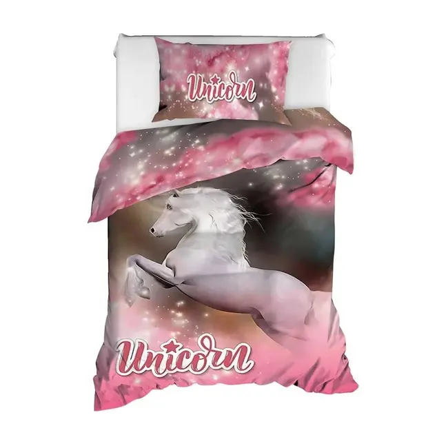 Katoen satijn kinderdekbedovertrek Unicorn - 140x220 + 60x70 cm