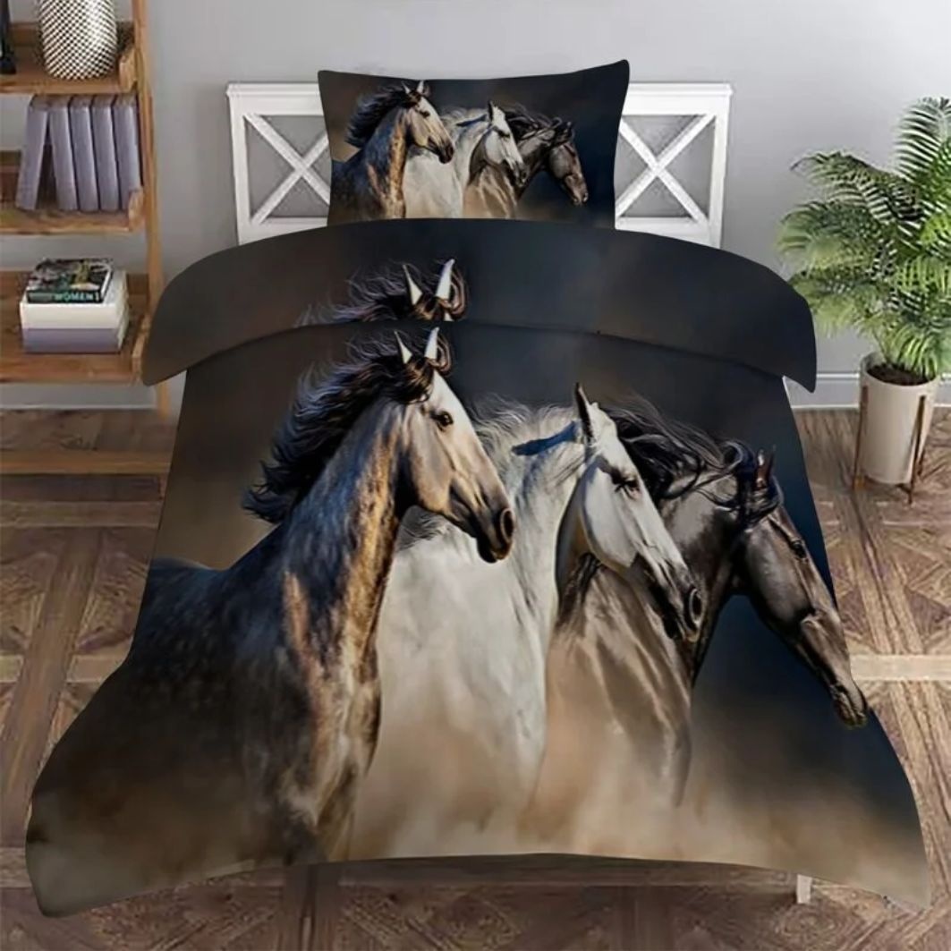 Katoen satijn dekbedovertrek Paarden - 140x220 + 60x70 cm