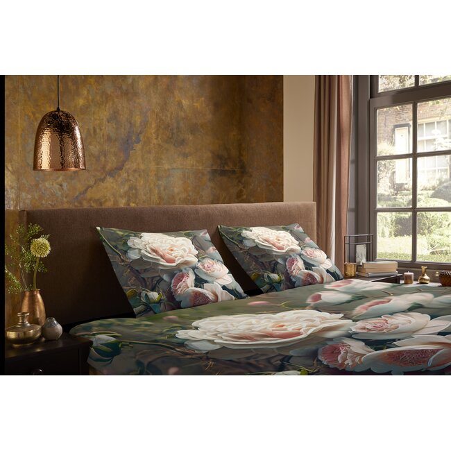 Microvezel dekbedovertrek witte rozen - groen