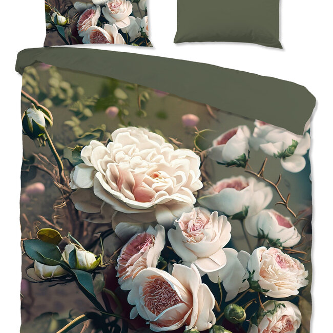 Microvezel dekbedovertrek witte rozen - groen