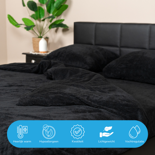 Teddy fleece dekbedovertrek - zwart - 2 kanten teddy