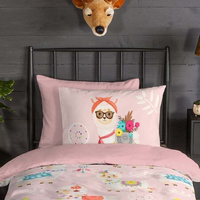 Flanel kinderdekbedovertrek Ladida lama - roze - 140x220 + 60x70 cm