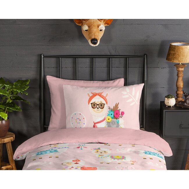 Flanel kinderdekbedovertrek Ladida lama - roze - 140x220 + 60x70 cm