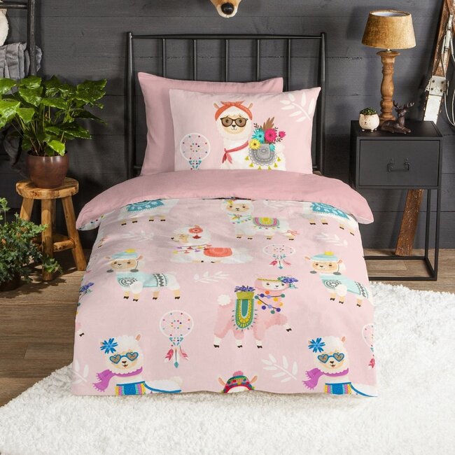 Flanel kinderdekbedovertrek Ladida lama - roze - 140x220 + 60x70 cm