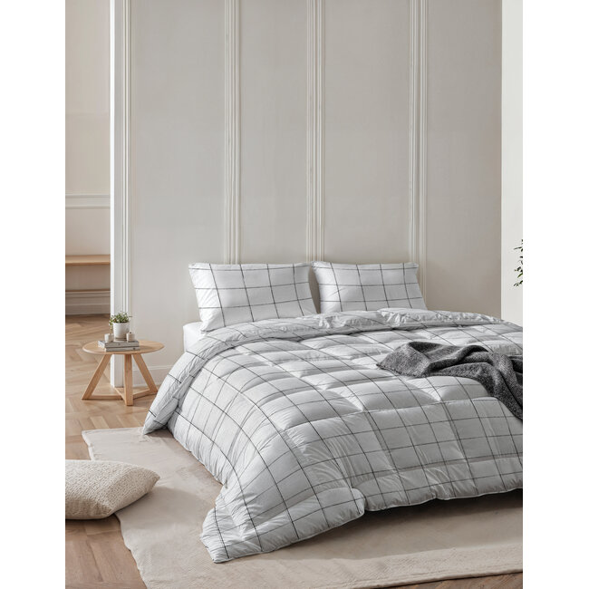 All-in one Lazy dekbed Deep check wit - inclusief kussensloop - micropercal - 300gsm