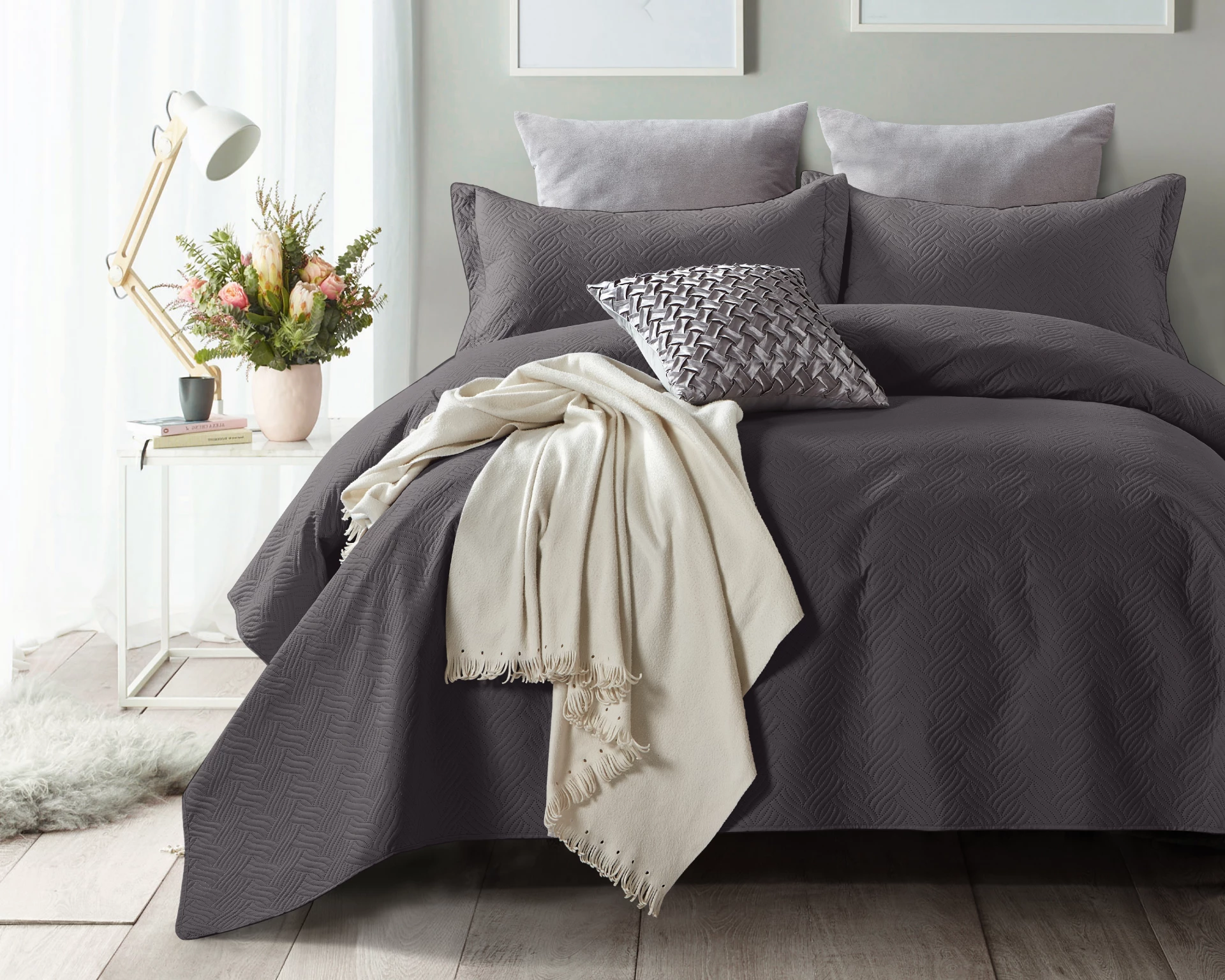 Sprei Wave - antraciet - micropercal - 260x250 cm - Incl. 2 Kussenslopen