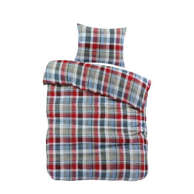 Flanel dekbedovertrek Bazel - blauw, grijs en rode tinten