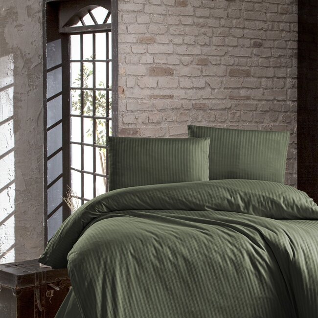 Hotelstreep dekbedovertrek - groen - katoen satijn (210TC)