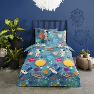 Good Morning Flanel dekbedovertrek Spaceworld - blauw - eenpersoons