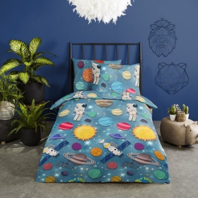 Flanel dekbedovertrek Spaceworld - blauw - 140x220 + 60x70 cm