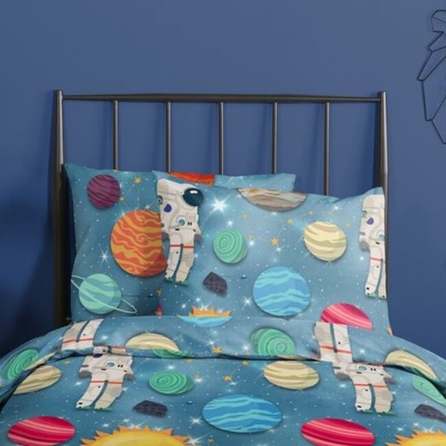 Flanel dekbedovertrek Spaceworld - blauw - 140x220 + 60x70 cm