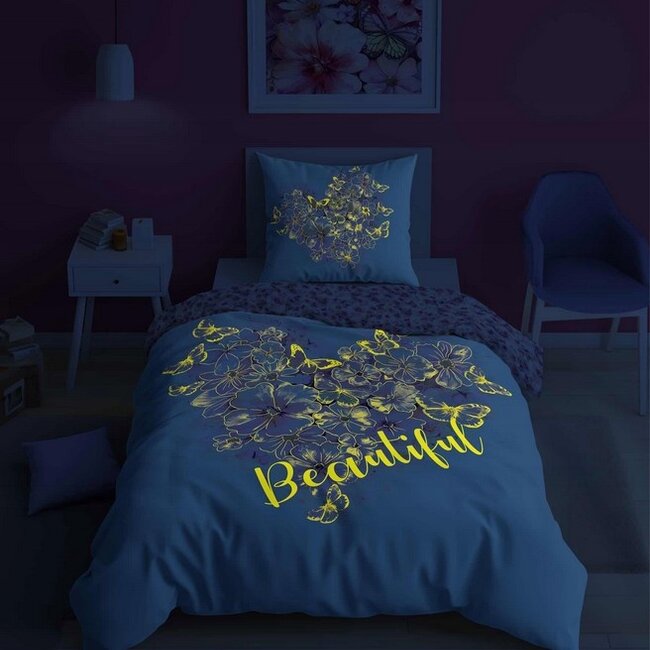 Glow in the dark dekbedovertrek Bloemen - katoen - 140x200 + 70x80 cm