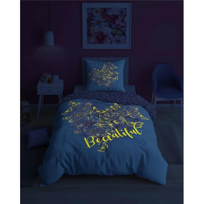 Glow in the dark dekbedovertrek Bloemen - katoen - 140x200 + 70x80 cm
