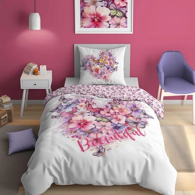 Glow in the dark dekbedovertrek Bloemen - katoen - 140x200 + 70x80 cm