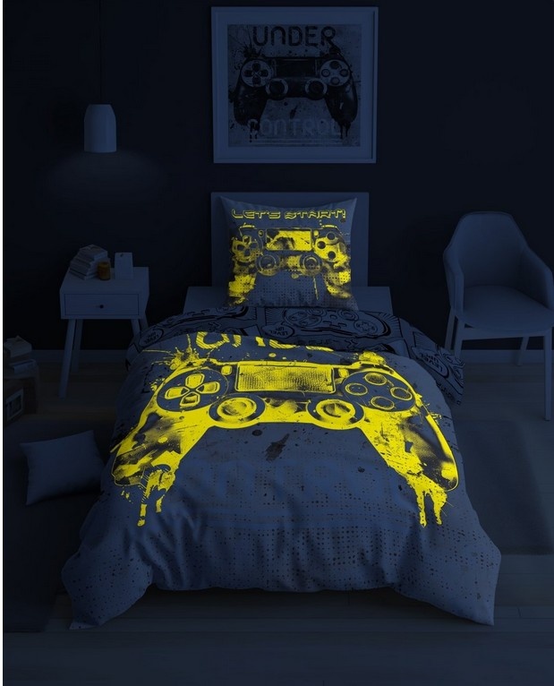 Glow in the dark dekbedovertrek Game controller - Let's start - katoen - 140x200 + 70x80 cm