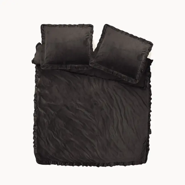 Velvet dekbedovertrek ruffles - zwart/bruin