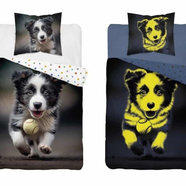 Glow in the dark kinderdekbedovertrek Hond - katoen - 140x200+70x80 cm