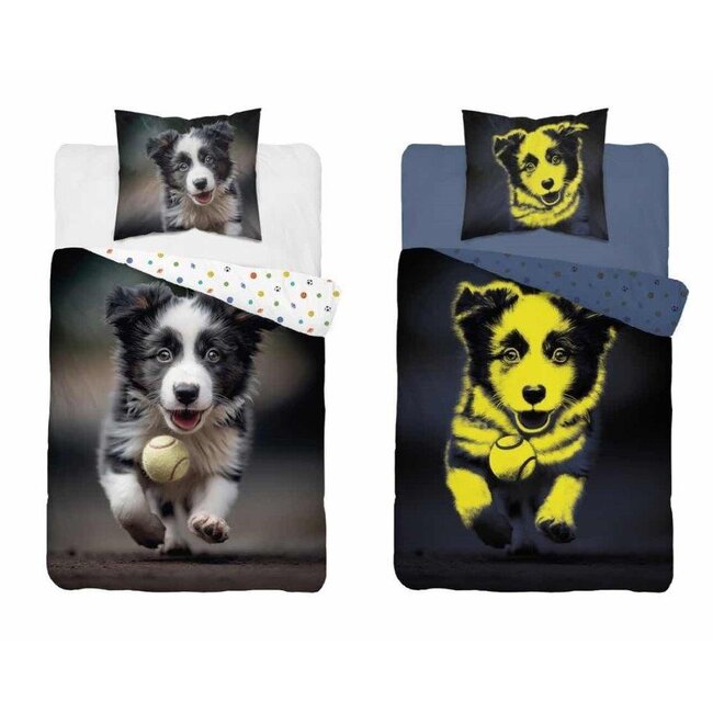 Glow in the dark kinderdekbedovertrek Hond - katoen - 140x200+70x80 cm