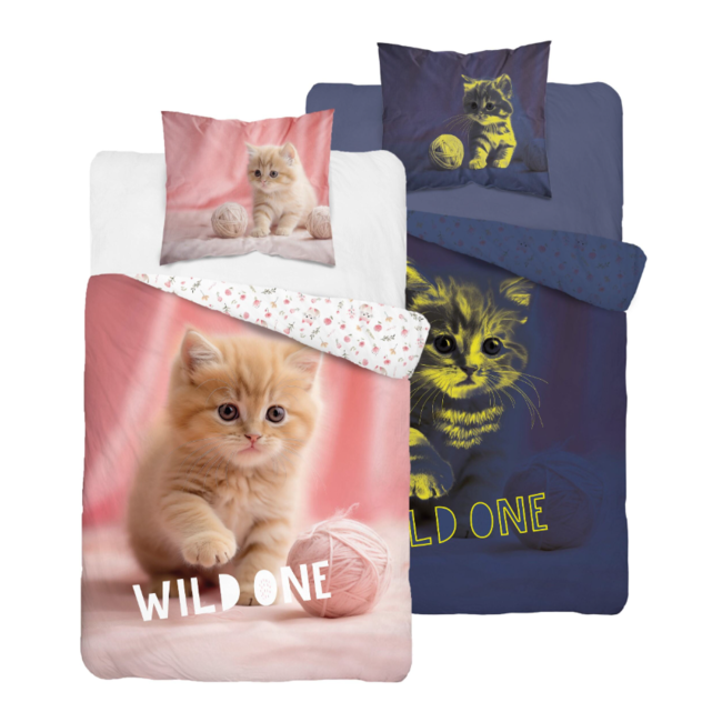 Glow in the dark kinderdekbedovertrek Kitten Wild One - katoen - 140x200+70x80 cm