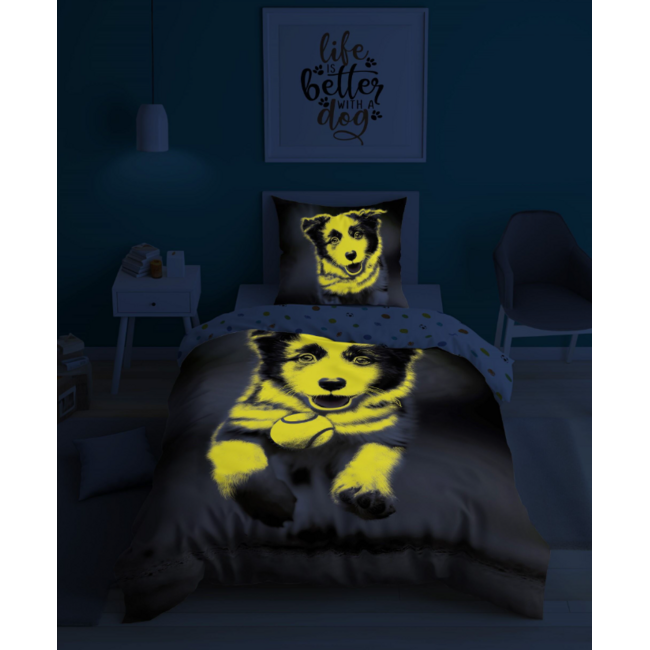 Glow in the dark kinderdekbedovertrek Hond - katoen - 140x200+70x80 cm