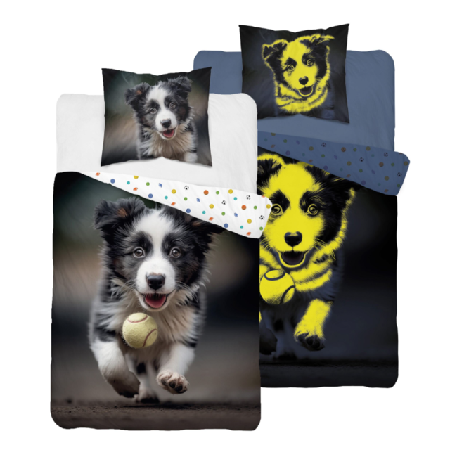 Glow in the dark kinderdekbedovertrek Hond - katoen - 140x200+70x80 cm