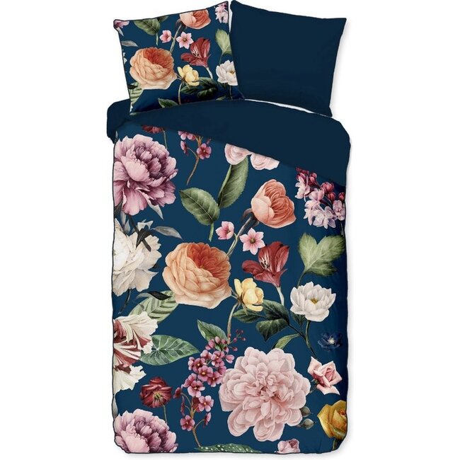 Katoen satijn dekbedovertrek Fiori blauw - 140x220 + 60x70cm