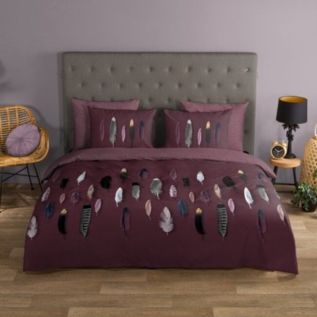 Katoen dekbedovertrek Feathers - Bordeaux