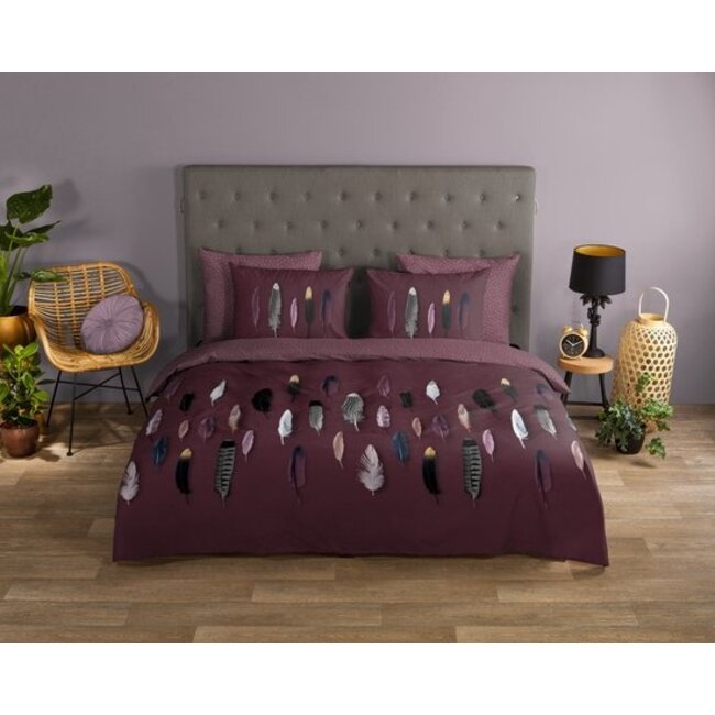 Katoen dekbedovertrek Feathers - Bordeaux