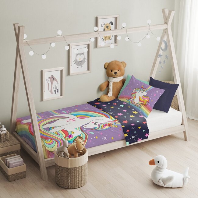 Ledikant dekbedovertrek Unicorn Paars - katoen - 100x135 cm + 40x60 cm