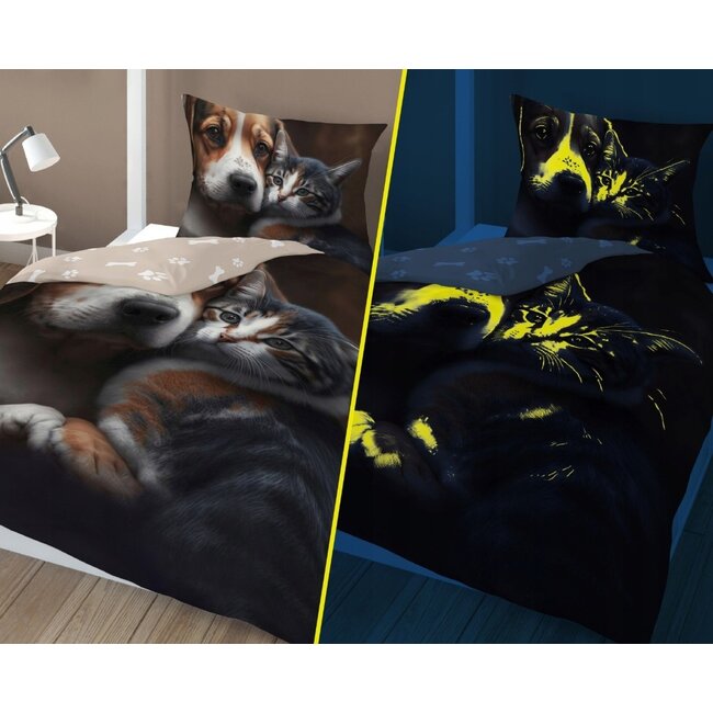 Glow in the dark kinderdekbedovertrek Hond en poes - katoen - 140x200+70x80 cm
