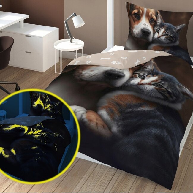 Glow in the dark kinderdekbedovertrek Hond en poes - katoen - 140x200+70x80 cm