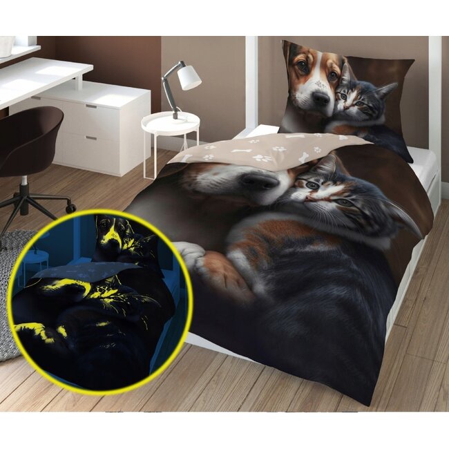 Glow in the dark kinderdekbedovertrek Hond en poes - katoen - 140x200+70x80 cm