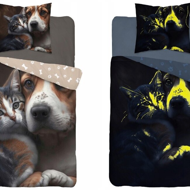 Glow in the dark kinderdekbedovertrek Hond en poes - katoen - 140x200+70x80 cm