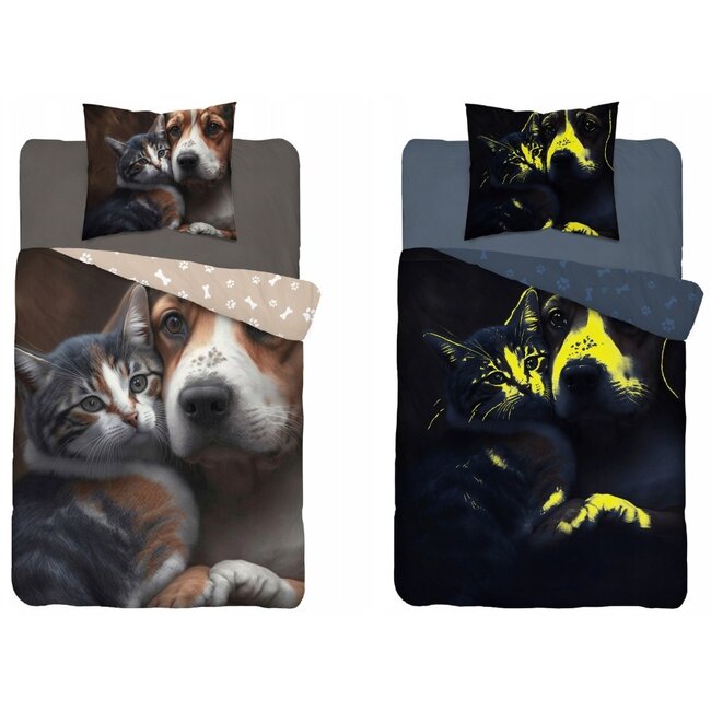 Glow in the dark kinderdekbedovertrek Hond en poes - katoen - 140x200+70x80 cm
