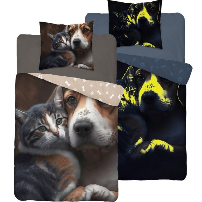Glow in the dark kinderdekbedovertrek Hond en poes - katoen - 140x200+70x80 cm