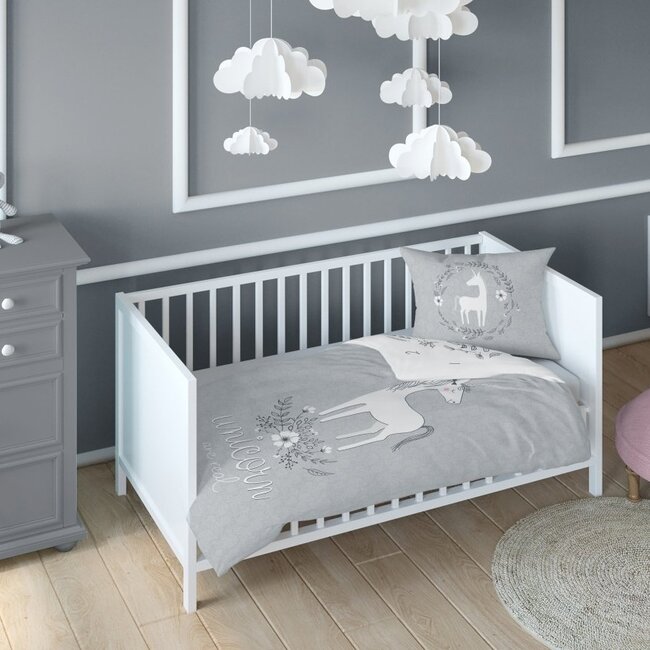 Ledikant dekbedovertrek Unicorn - grijs - bamboe/katoen - 100x135 cm + 40x60 cm