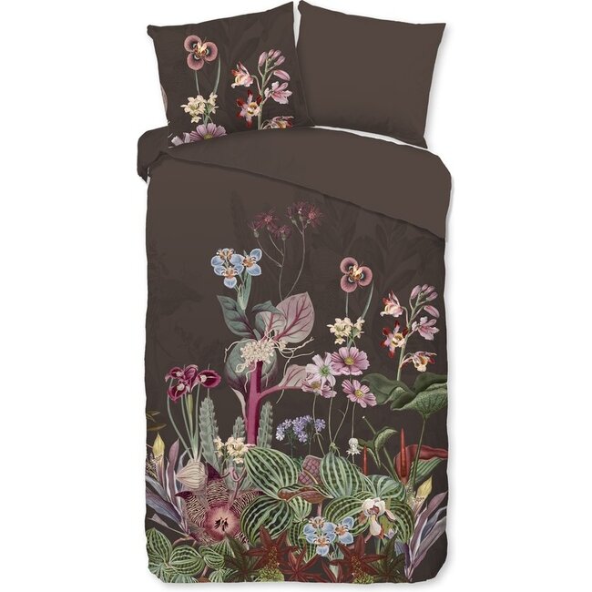 Katoen dekbedovertrek Phoebe -  bruin - bloemenprint