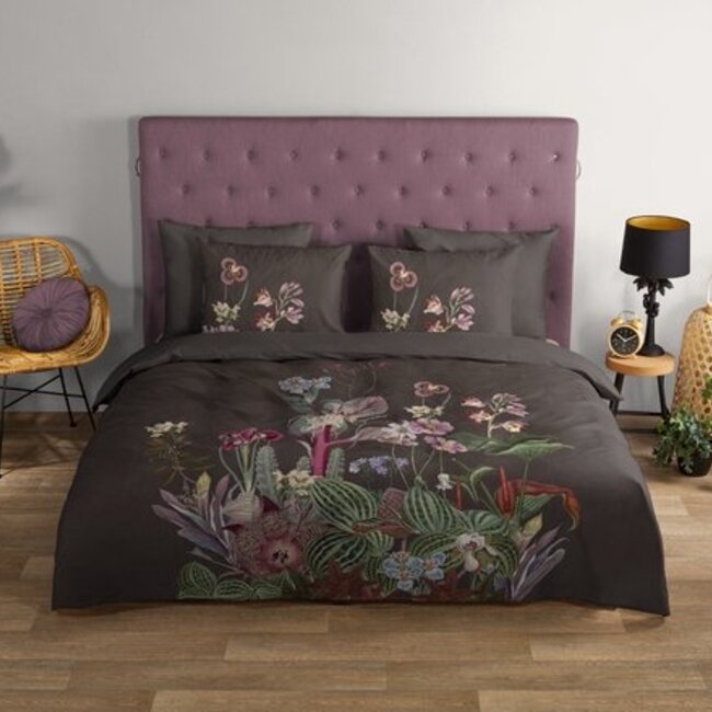 Katoen dekbedovertrek Phoebe -  bruin - bloemenprint