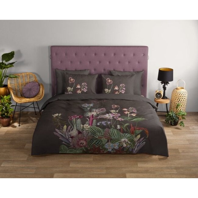 Katoen dekbedovertrek Phoebe -  bruin - bloemenprint